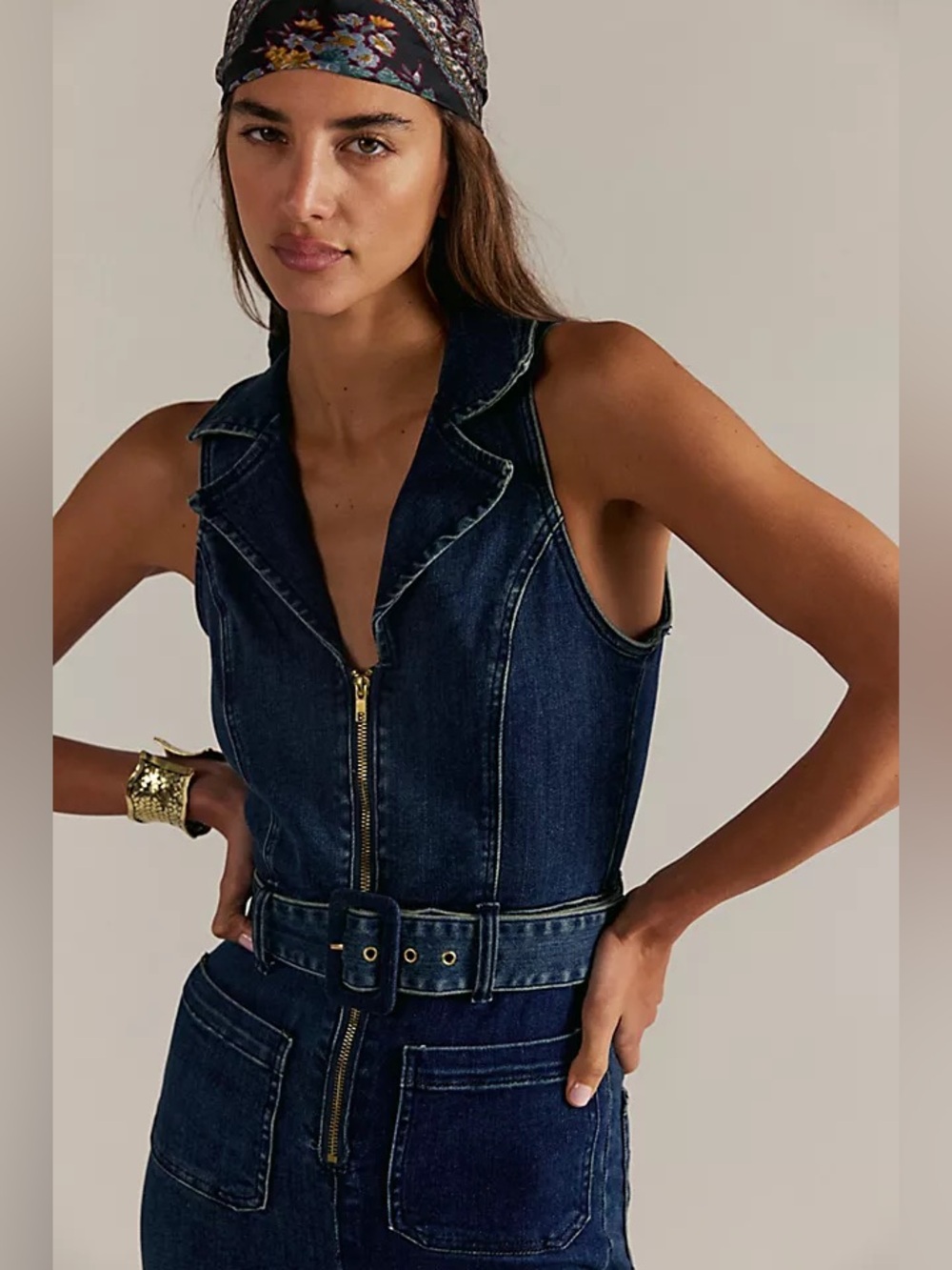 Show Me Your Mumu Jacksonville Denim Bell Bottom Jumpsuit Belted 70s Disco Flare - Picture 2 of 16